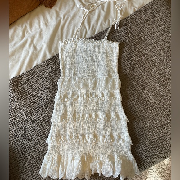 White Smocked and Ruffle Bodycon Mini Dress with Tie Straps - Picture 4 of 5